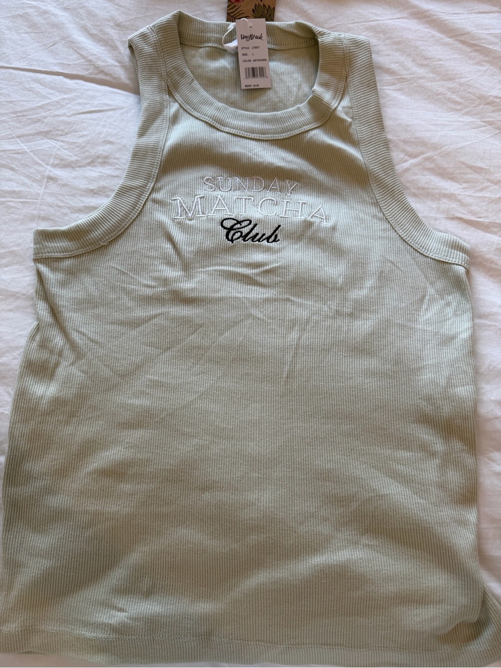 Light Sage Ribbed Tank with Embroidered Script - Picture 2 of 3